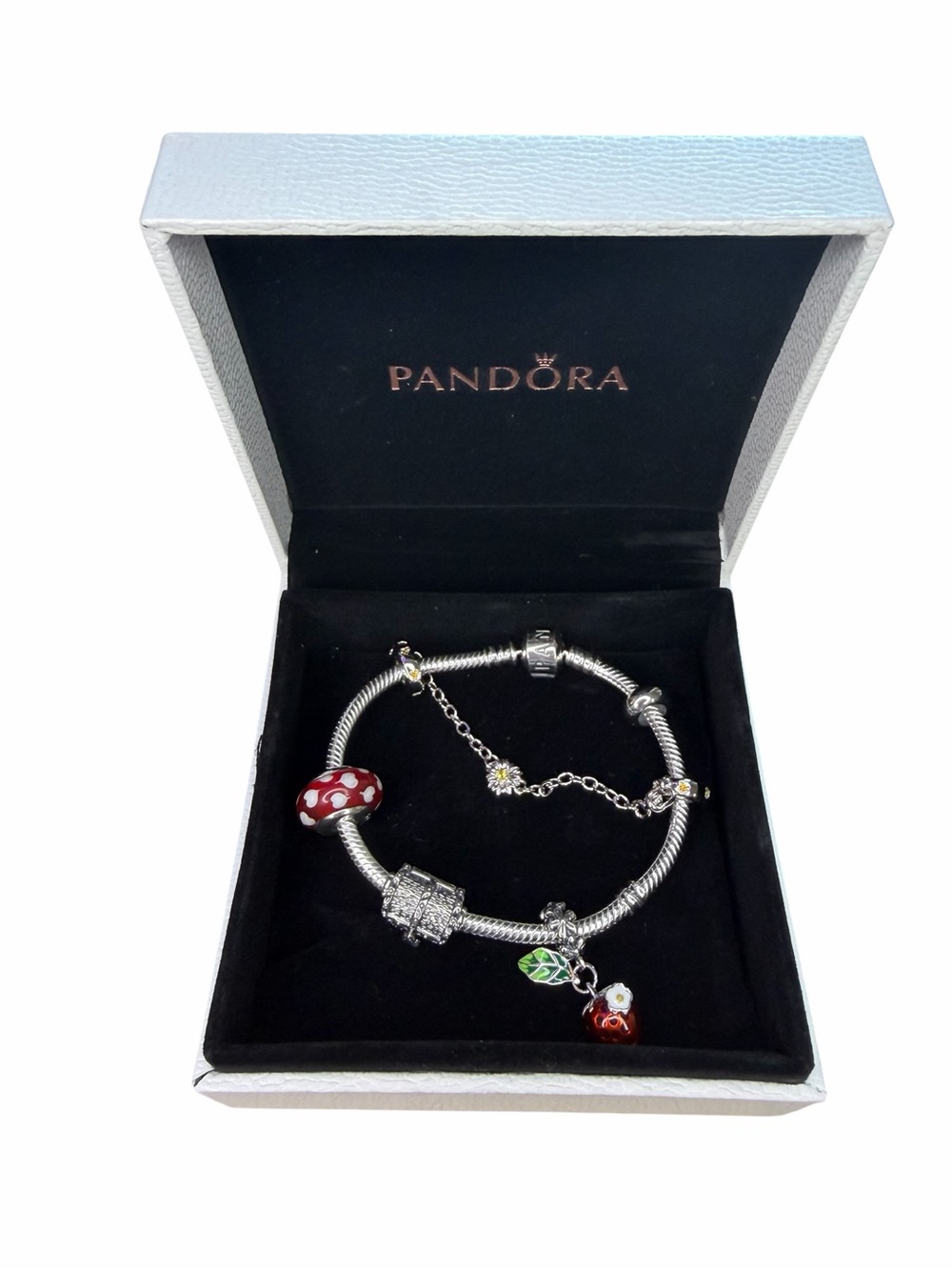 Pandora Silver Bracelet with Red Glass & Green Enamel Charms